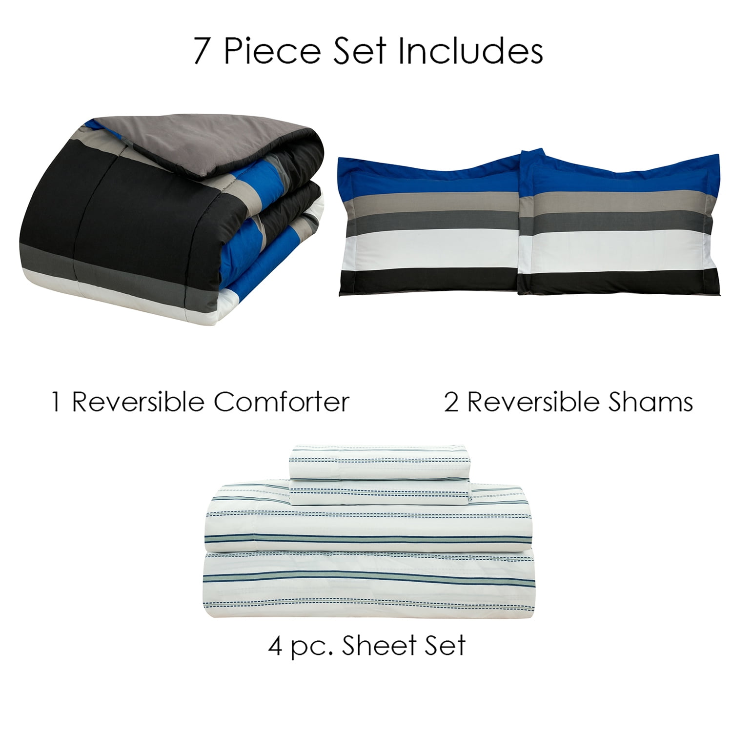 Queen Comforter Set, Rugby Stripe Blue Reversible Bed in a Bag