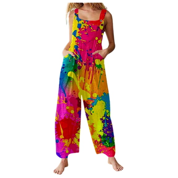 Bibifish Women's Overalls Jumpsuits Loose Fit Carnival Graffiti Style Casual Printed Jumpsuits Breathable Pocket Spring Summer Outfits