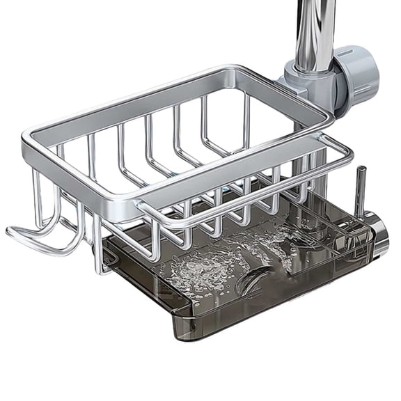 Naisfei Kitchen Sink Faucet Organizer, Over Faucet Sponge Holder with Side Hook & Drain Tray - Fits 0.7-1.1 Inch Round Water Pipe for Sponge, Scrubbers And Rag (Silver, Left)