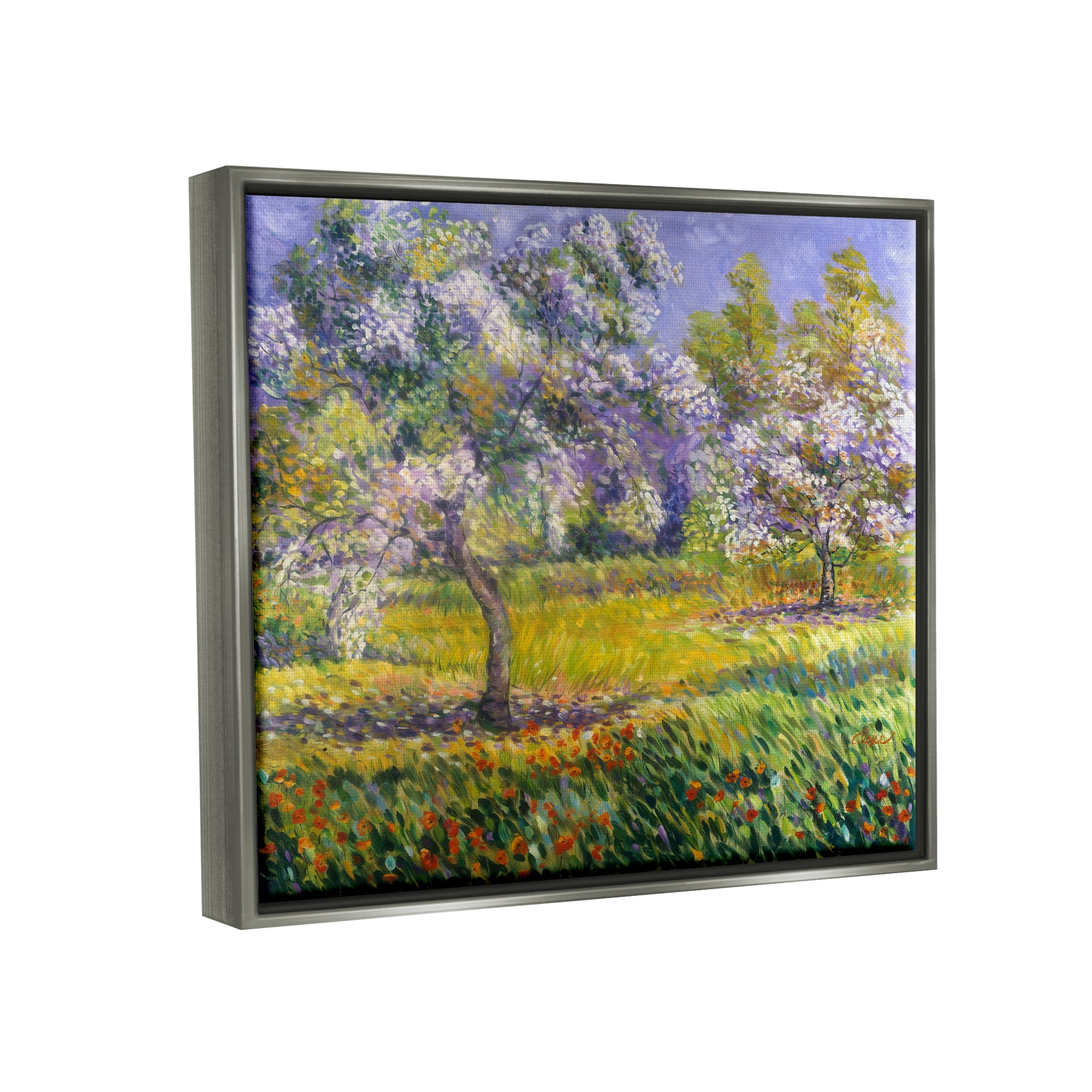 Stupell Industries Spring Blooming Trees Landscape Painting Gray Floater Framed Canvas Art Print Wall Art, 31 x 25