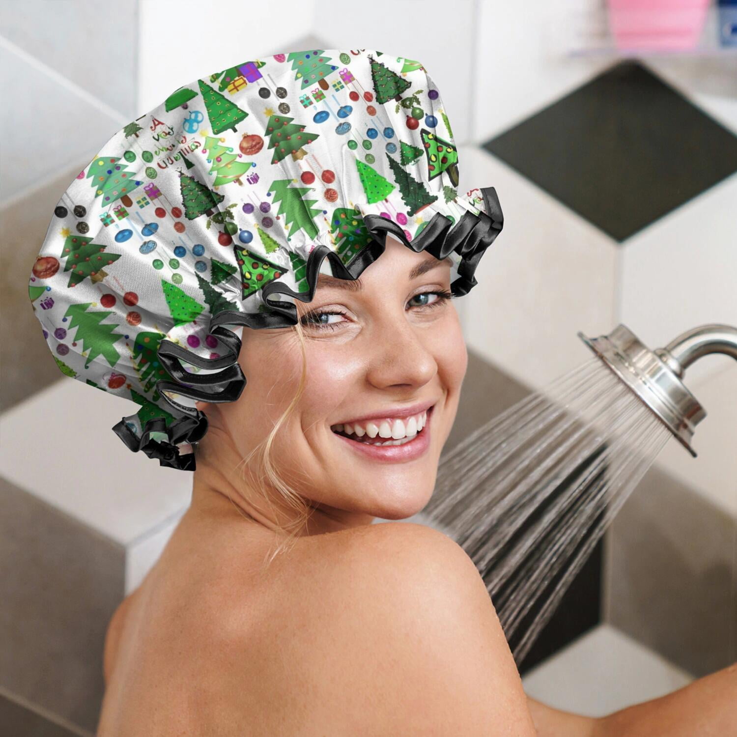 Shower Caps,Multicolor Christmas Tree Pattern Waterproof Shower Cap for Women 4 Pieces,Double Reusable Hair Cover for Shower PEVA Elastic Stretch Hem