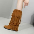 thumbnail image 5 of Lovzfmll Cowboy Boots for Women, Fringe Knee High High Heel Stacked, Mid Heel Wide Calf Round Toe Cowgirl Boots Fall Yellow Boots, 5 of 9
