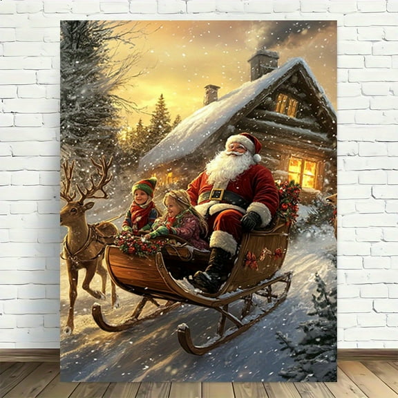Frameless Santa Sleigh and Reindeer Canvas Wall Art - Modern Retro Christmas Design, High-Quality Printed Poster, Vertical Indoor and Outdoor Holiday Decoration Christmas Home Decor