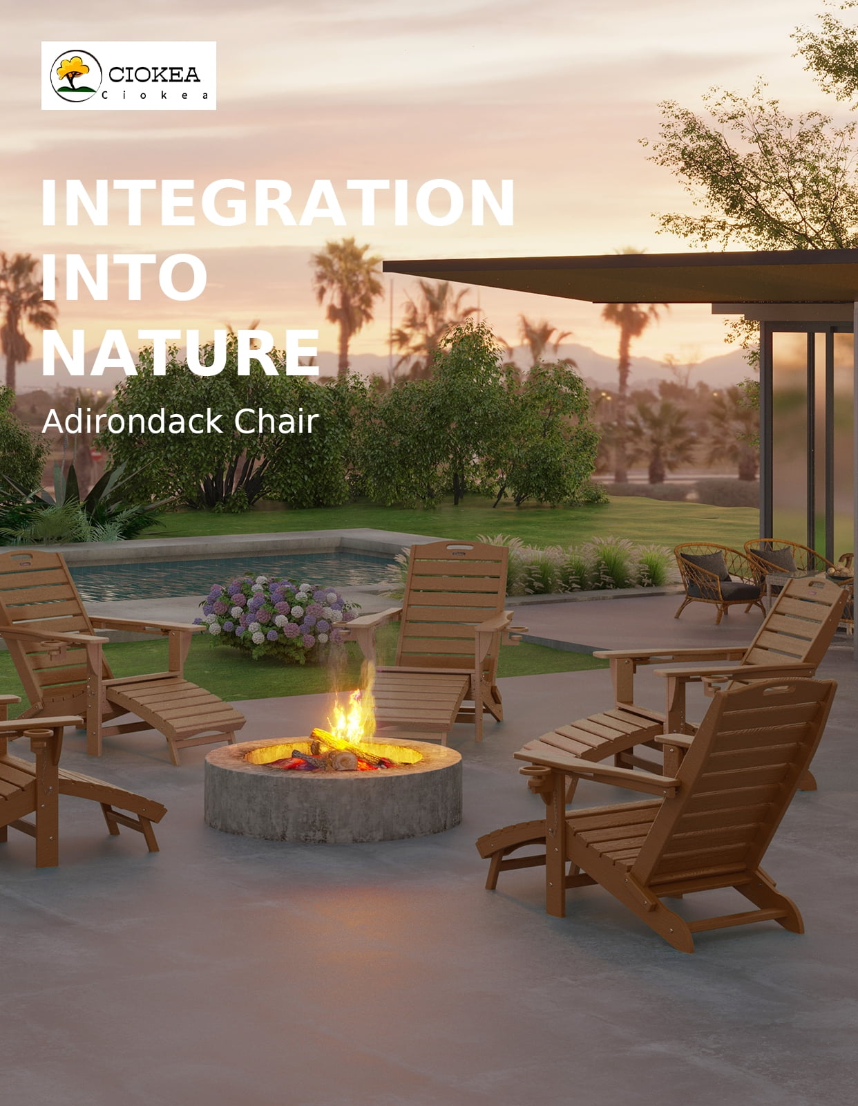 Folding Adirondack Chair with Retractable Ottoman Footrest, Wood Grain HDEP All Weather Fire Pit Chair with 2 Cup Holders for Outdoor, Classic Brown