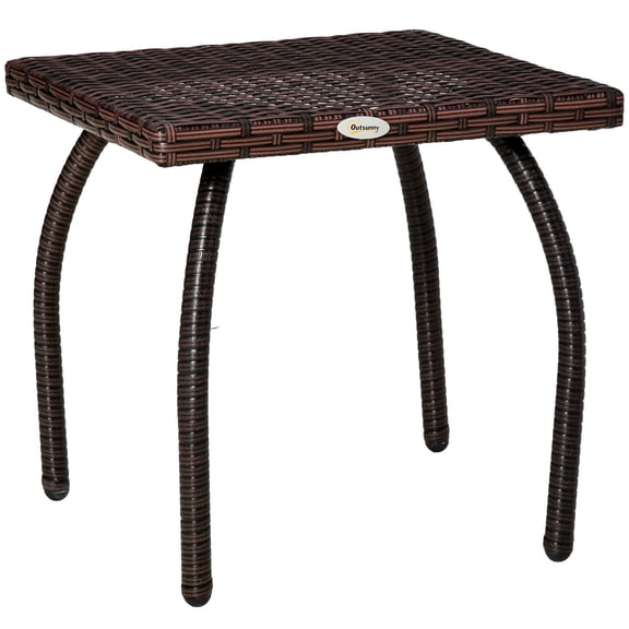 , Outdoor PE Wicker Side Table, Small Square Rattan End Table, All-Weather Material Coffee Table for Garden, Balcony, Backyard, Brown, Brown ,Steel ,