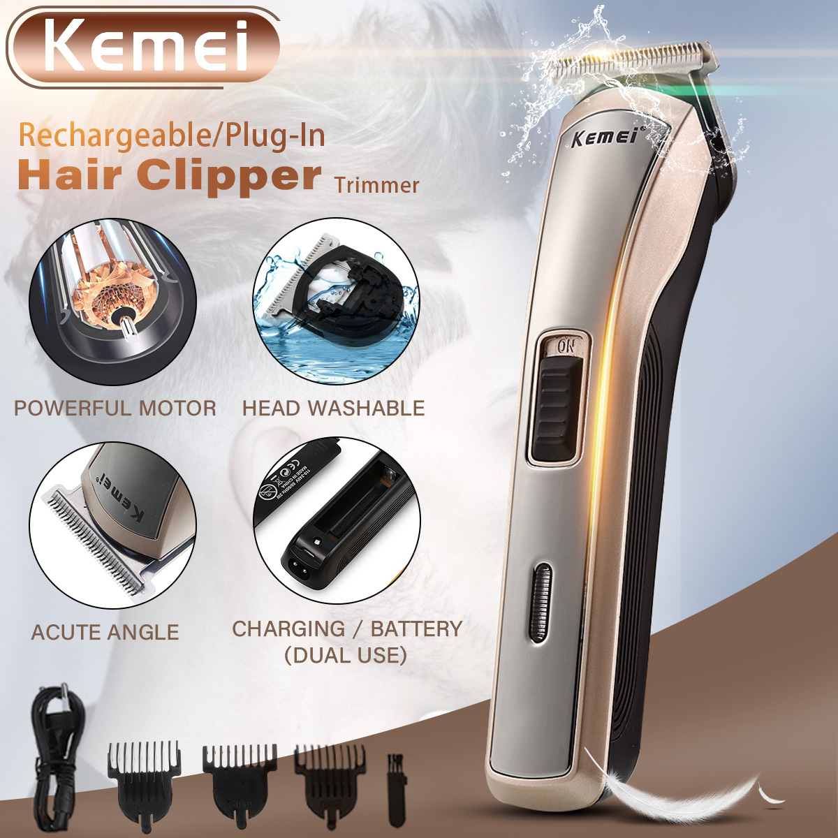 KEMEI Professional LowNoise Hair Clipper Wireless Shaver Trimmer