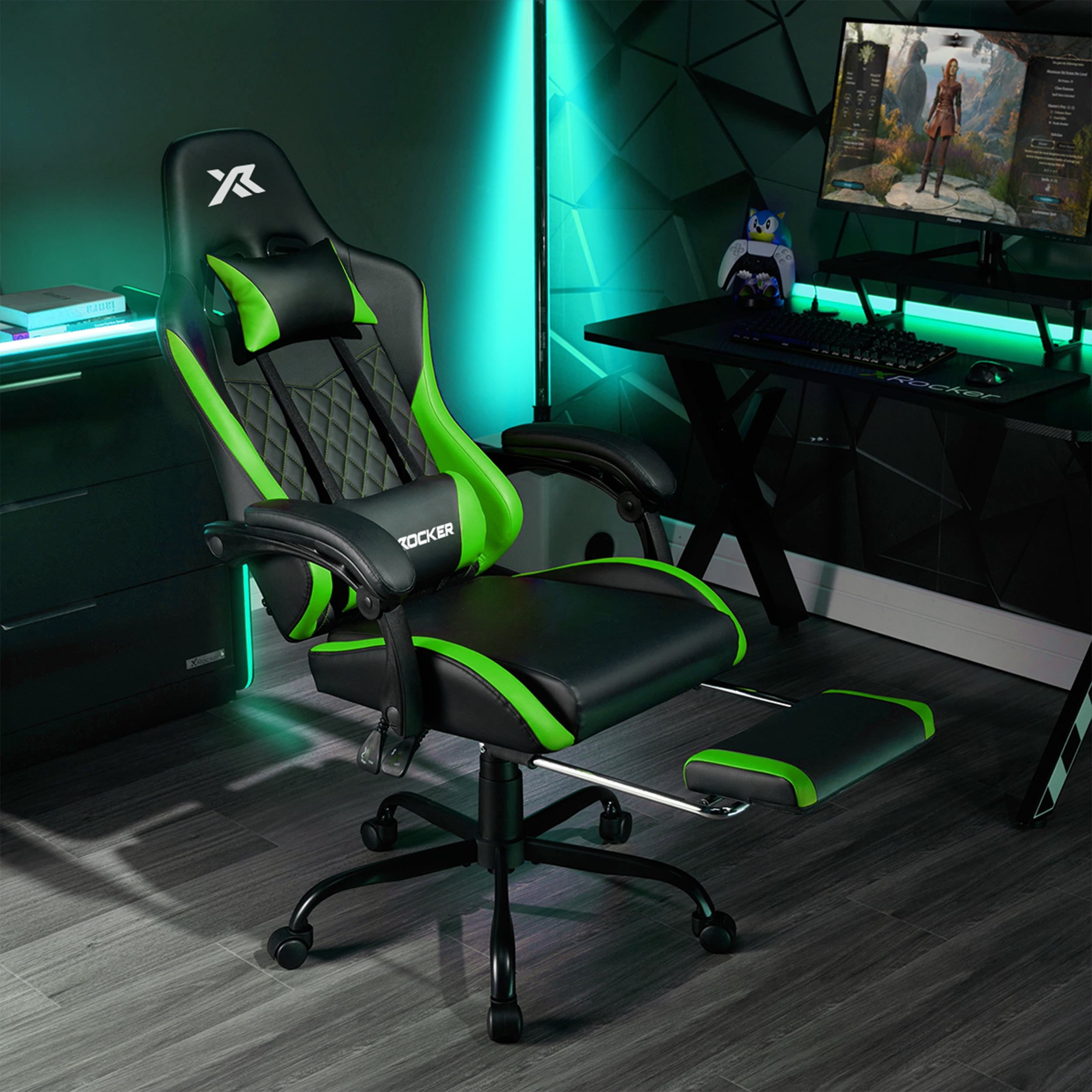 X Rocker Apex PC Gaming Chair with Massage Function and Footrest, Green