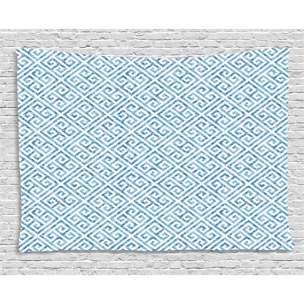 Greek Key Tapestry, Tile Mosaic Pattern in Blue and White with Antique Meander and Camo Effect
