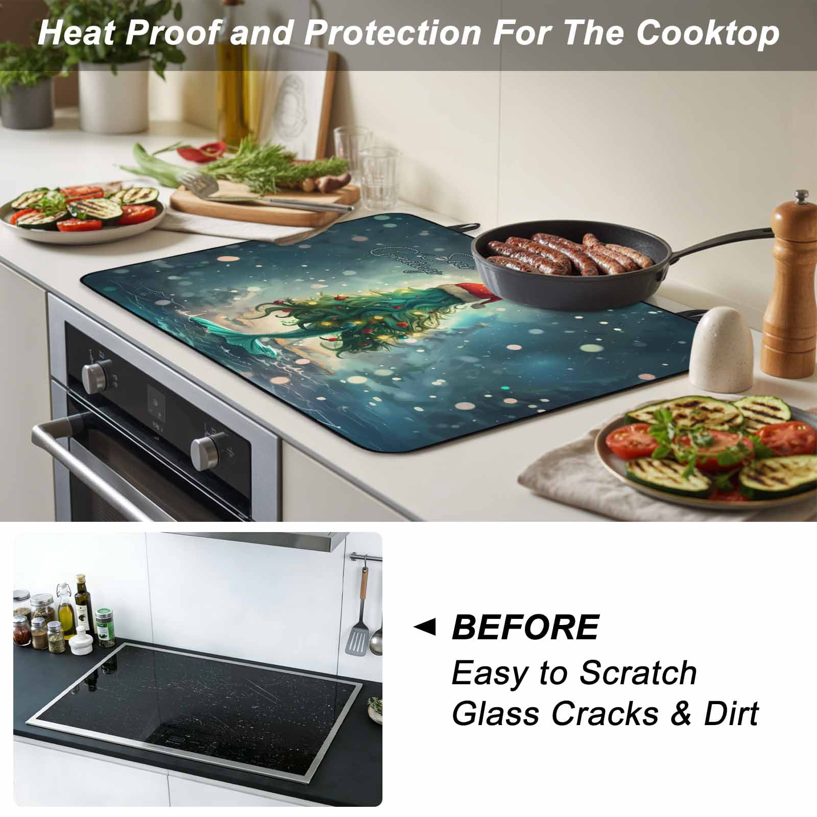 Coastal Christmas Stove Top Cover for Electric Stove, Heat-proof & Non Slip Glass Top Stove Cover Protector, Xmas Pine Tree Ocean Beach Green Kitchen Flat Cooktop Rubber Mat 24x21 Inches