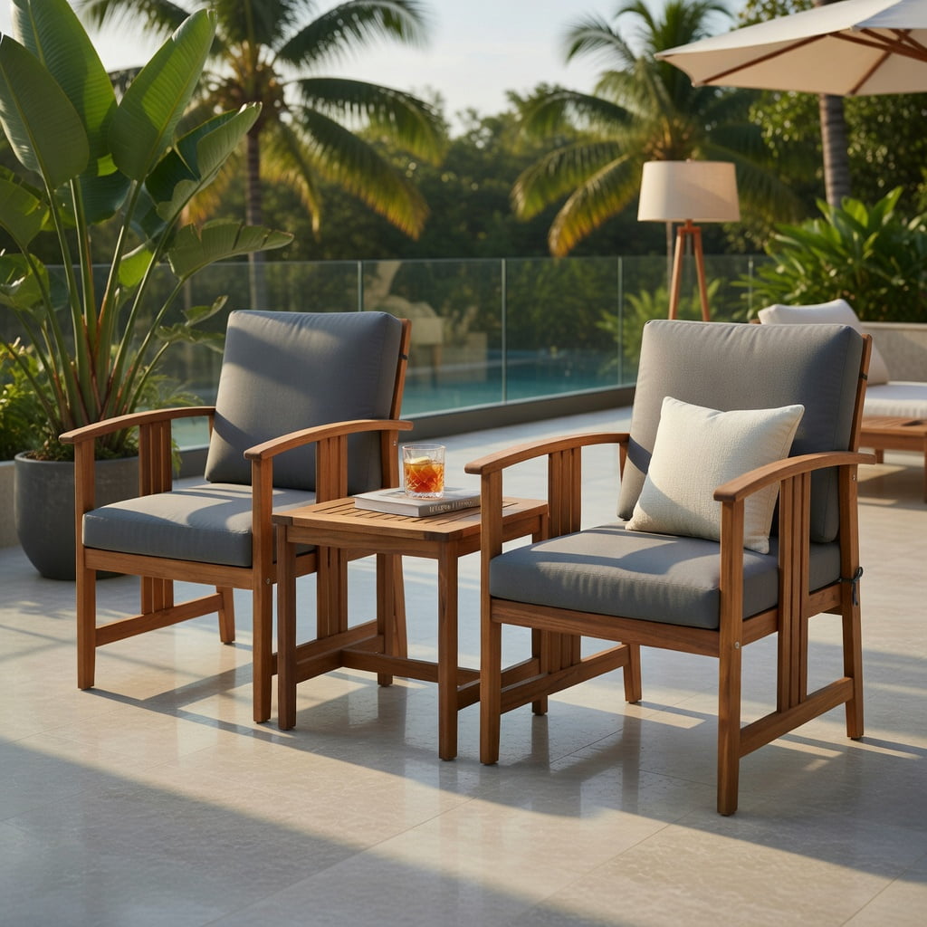 Hommoo 3-Piece Acacia Wood Outdoor Patio Sofa Set, Cushioned Garden Seating with Removable Washable Covers, Gray