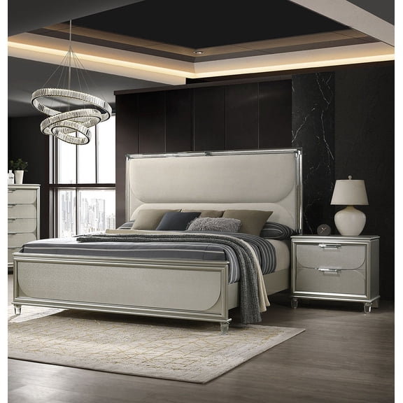 Contemporary Queen Size Bed 2x Nightstands 3pc Bedrom Set Silver Embossed Panels Upholstered HB w LED Bedroom Furniture