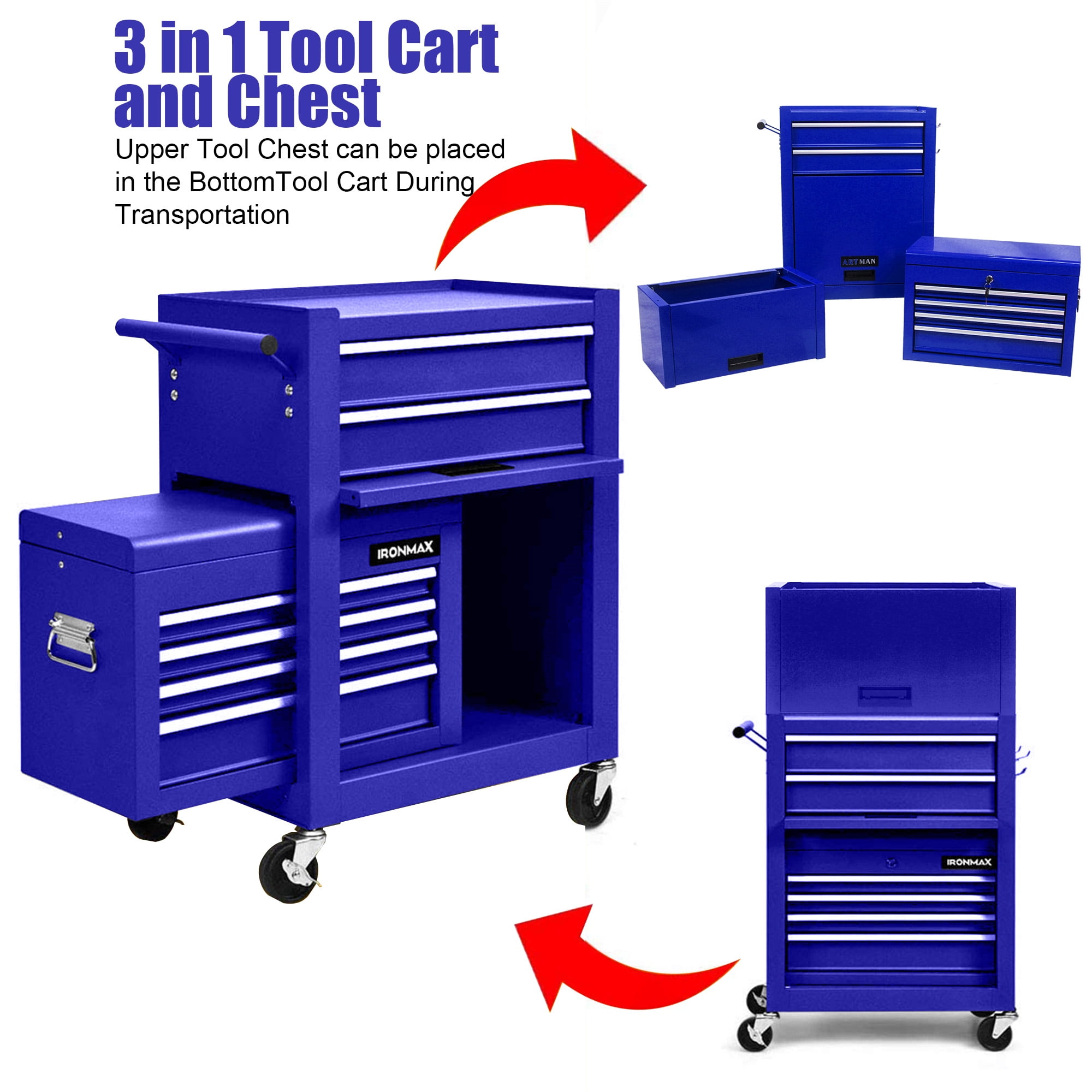 Aukfa Tool Box, 3 in 1 Steel Rolling Tool Chest w/ 6-Drawers & 2 Cabinet for Garage Workshop, Blue