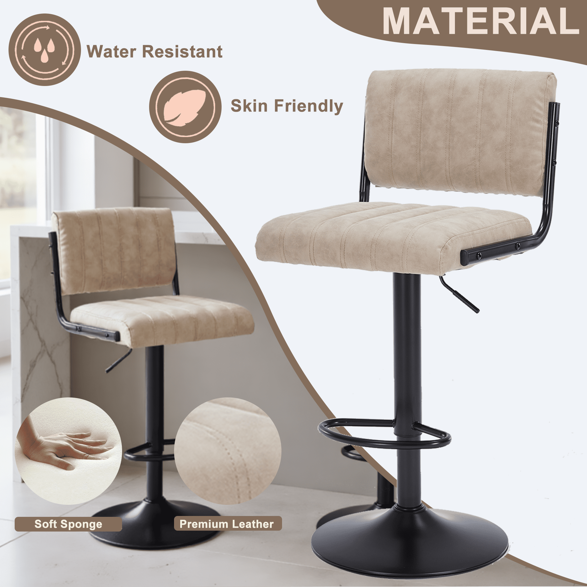 ENYLAY Adjustable Swivel Bar Stools Set of 6, Modern Faux Leather Counter Height Bar Chairs with Mid Back & Footrest for Kitchen Island Home Bar Pub, Beige