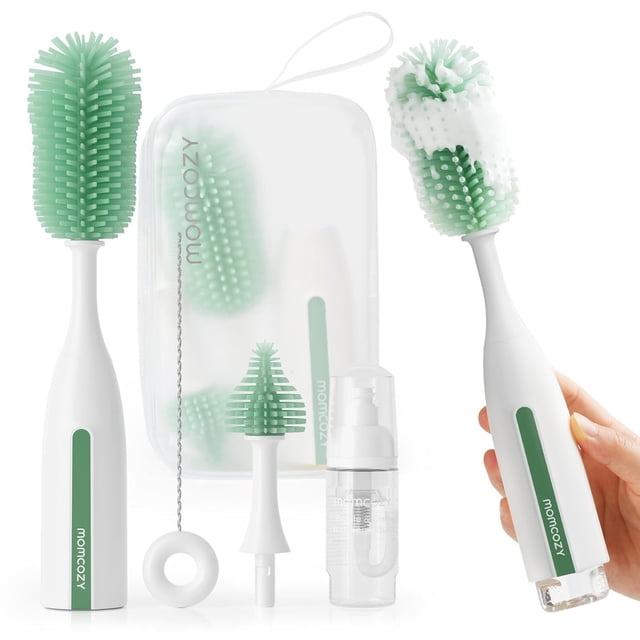 Momcozy Pro Kit de Cepillos para Biberones, Diseño de Empuje para Limpieza Profunda, Cepillo para Biberones/Partes de Sacaleches/Tetinas, Verde, No Eléctrico