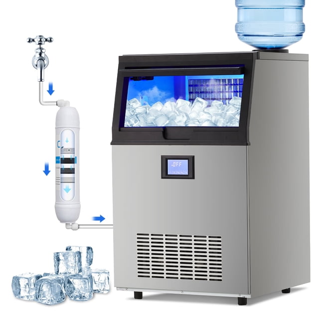 Commercial Ice Maker Machine, 120 lbs/24H Production, 45 lbs Storage – Freestanding Stainless Steel Ice Maker with LCD Screen, Self-Cleaning, Dual Water Inlet – Ideal for Restaurant, Bar, Home, Office