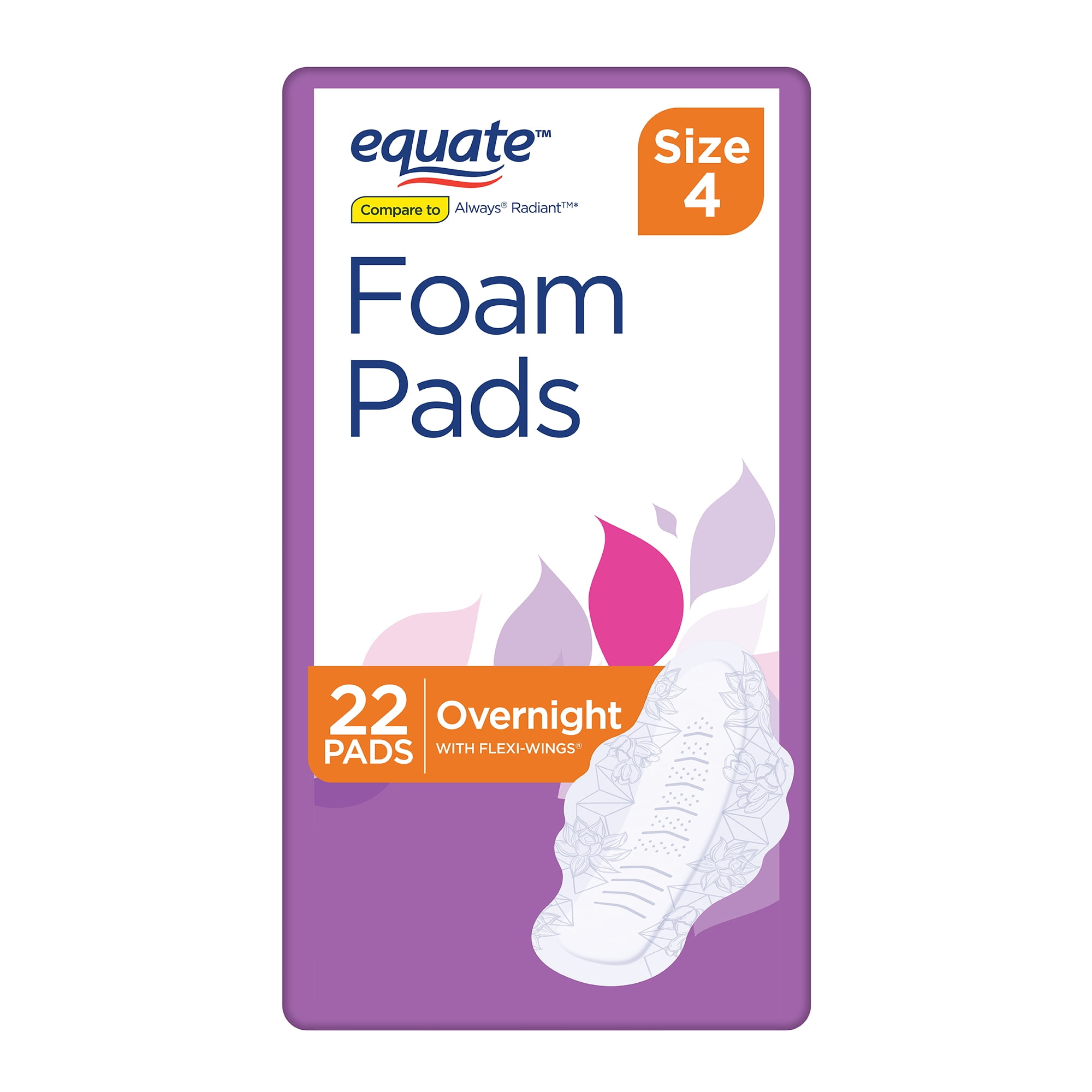 Equate Foam Pads with FlexiWings, Overnight, Size 4, 22 Count