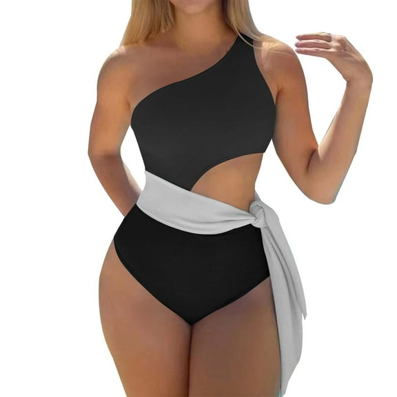 QHFBli Women's One Shoulder One Piece Swimsuit Cutout Bathing Suits Mesh Swimwear for Teen Girls