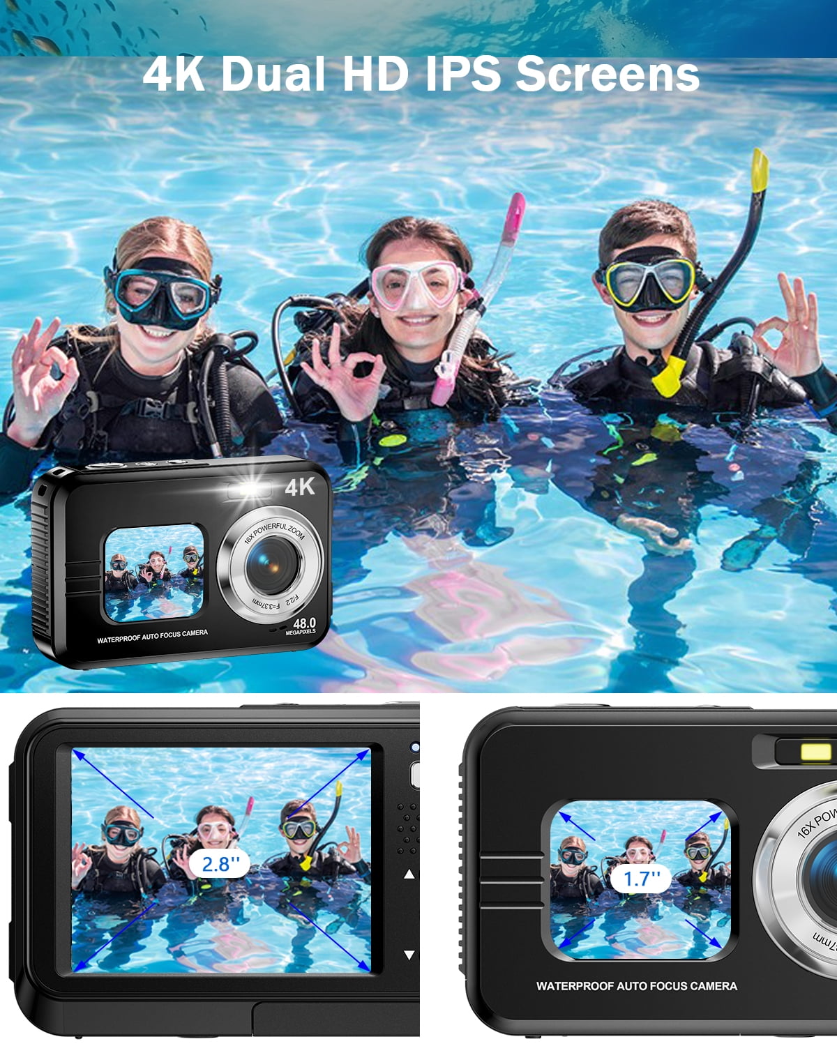 Underwater Camera 4K Dual Screen Waterproof Camera for Snorkeling