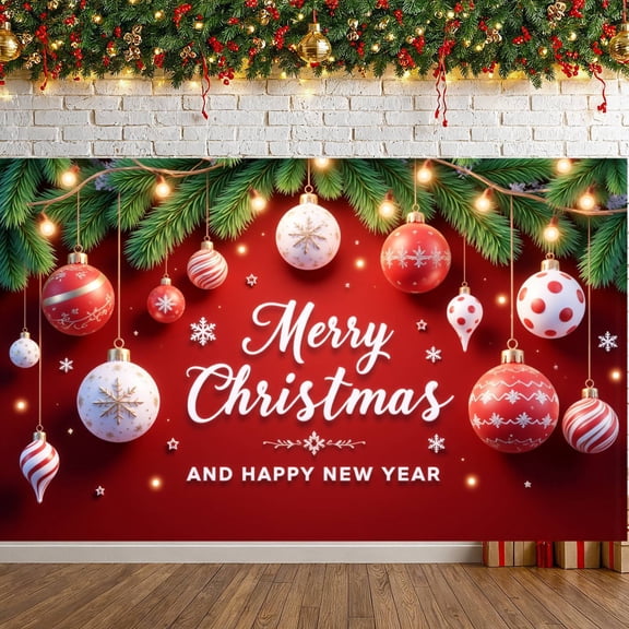 Red Background Christmas Banner Gold Snowflakes New Year Display Blue Ornaments Green Pine Branches Holiday Backdrop for Christmas Party New Year Celebration Holiday Decoration