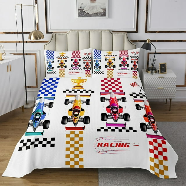 Go Kart Quilt Set Karting Race Cars Coverlet Set,Racing Drift Kart Bedspread Set Twin,Extreme Sport Quilted Competitive Game Room Decor