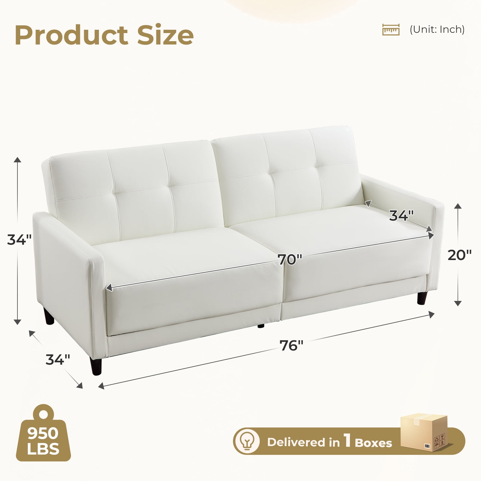 Ebello 76" Convertible Futon Sofa Bed, Mid Century Modern Faux Leather Loveseat Sofa Couch with Adjustable Backrest for Living Room & Office, White