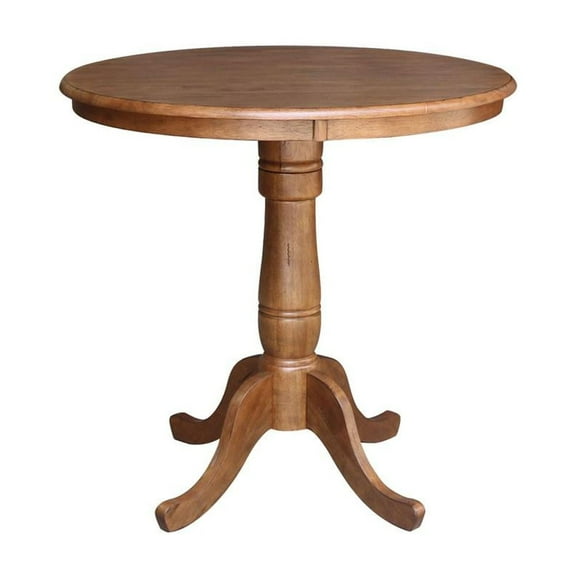 36" Solid Wood Round Top Pedestal Table in Distressed Oak - 35.1" Height