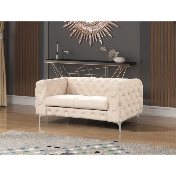 Marbella -1 Living room Piece Button Tufted Beige Velvet Fabric Loveseat.