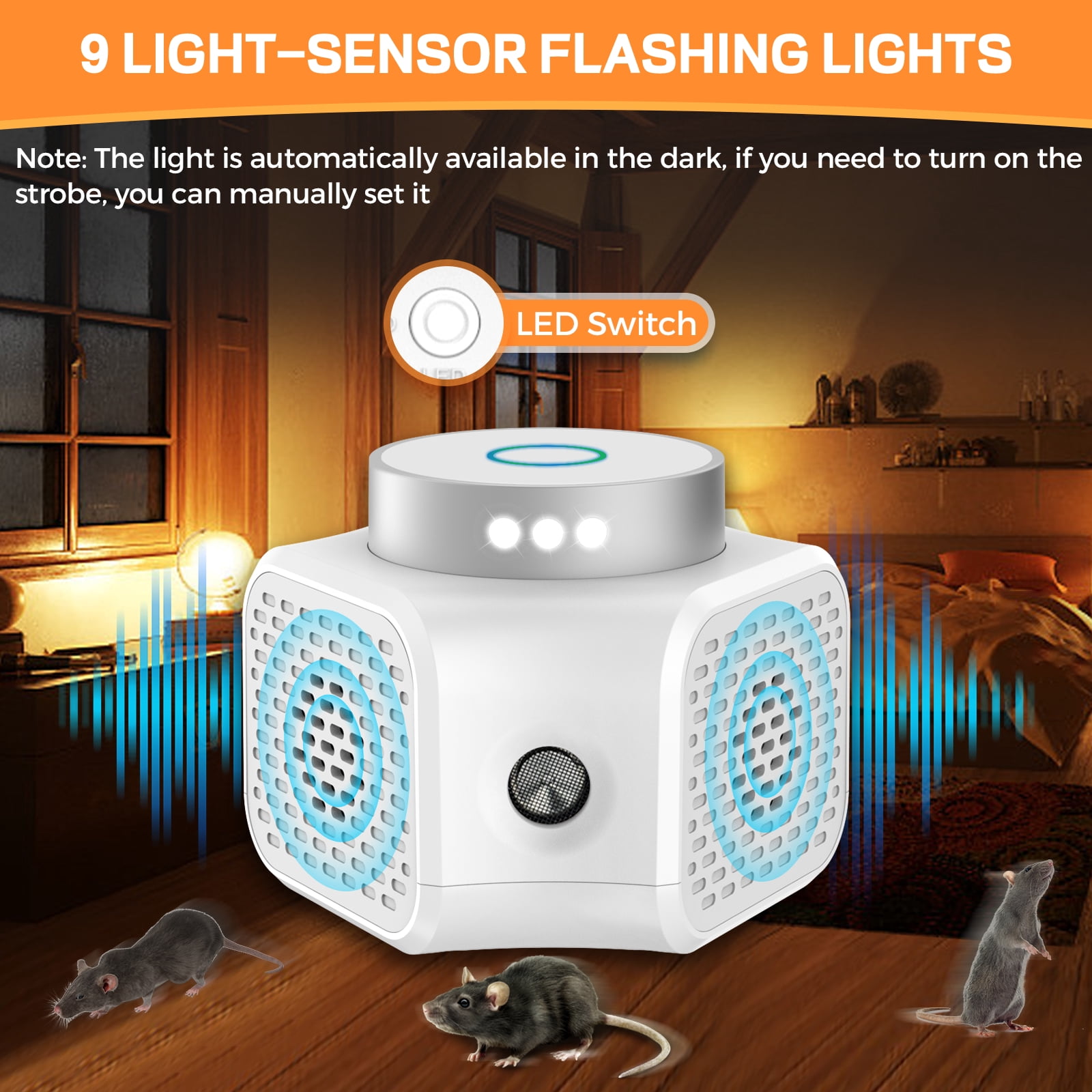 Rodent Repellent Indoor Ultrasonic,Mouse Repellent Ultrasonic Plug in,Ultrasonic Pest Repeller Electronic Mouse Squirrel Bat Insect Rat for House Attic Garage Basement with LED Strobe Lights
