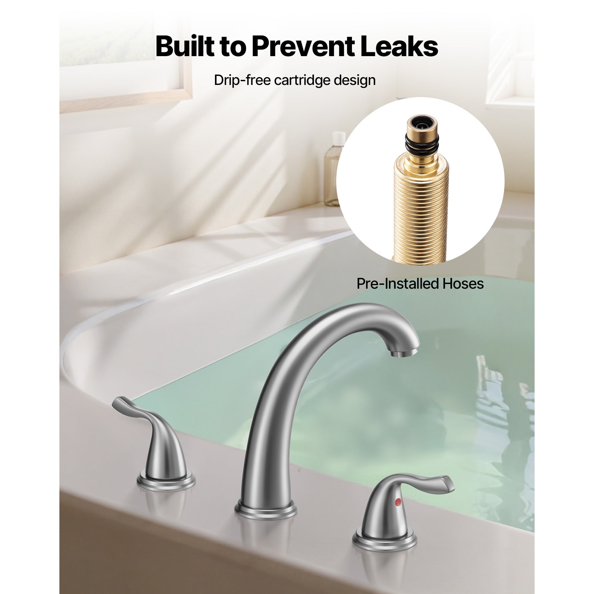 KFFKFF Roman Tub Faucet, 3-Hole Waterfall Bathtub Fixture, Gooseneck Bath Faucet Set with Dual Handles, Deck-Mounted Tub Faucet for Comfortable Bathing, Brushed Stainless Steel, High Arc Design