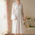 thumbnail image 2 of Previn Women's Cotton Victorian Nightgown Soft Long Sleeve Lace Illusion Sheer Bell Midi Sleep Shirt High Waisted Billowy Scalloped V Neck Long Pajama Dress Sleepwear White X-Large, 2 of 5