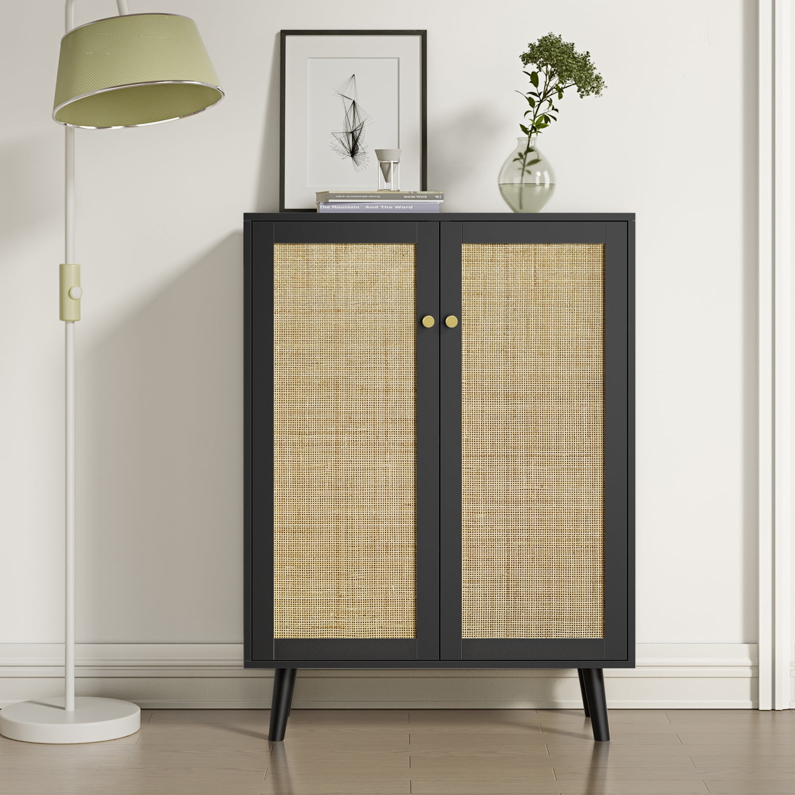 Eumyviv  Farmhouse Storage Cabinet with 2 Door, Rattan Sideboard Oak Storage Cabinet for Living Room, Oak H0030