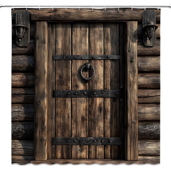 Rustic Barn Door Shower Curtain Western Brown Wooden Board Plank Vintage Farmhouse Country Wood Plank Bathroom Curtain Set with Hooks-48"W x 72"L (Pack of 1)