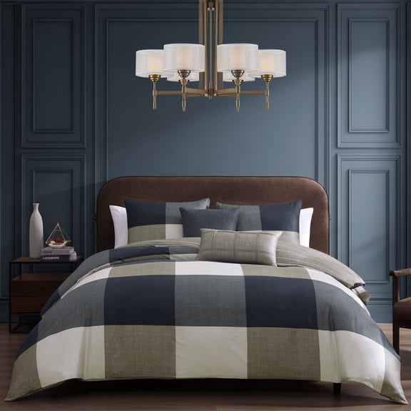 Bebejan Checkered Navy Tan 5 Piece Comforter Set, Blue, Queen, 100% Cotton Sateen, Reversible, All Season, Cozy Comfort