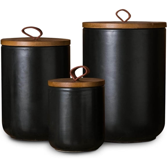 Black Ceramic Canister Set with Wooden Lid, Airtight Food Storage Jars for Kitchen - Flour, Sugar, Coffee, Tea, Spice
