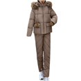 thumbnail image 2 of CQONEPT Women's Down Jumpsuit Padded Windbreaker Waterproof Snow Ski Pants Insulated Warm Winter Outdoor Puffy Pant Brown 2XL, 2 of 5