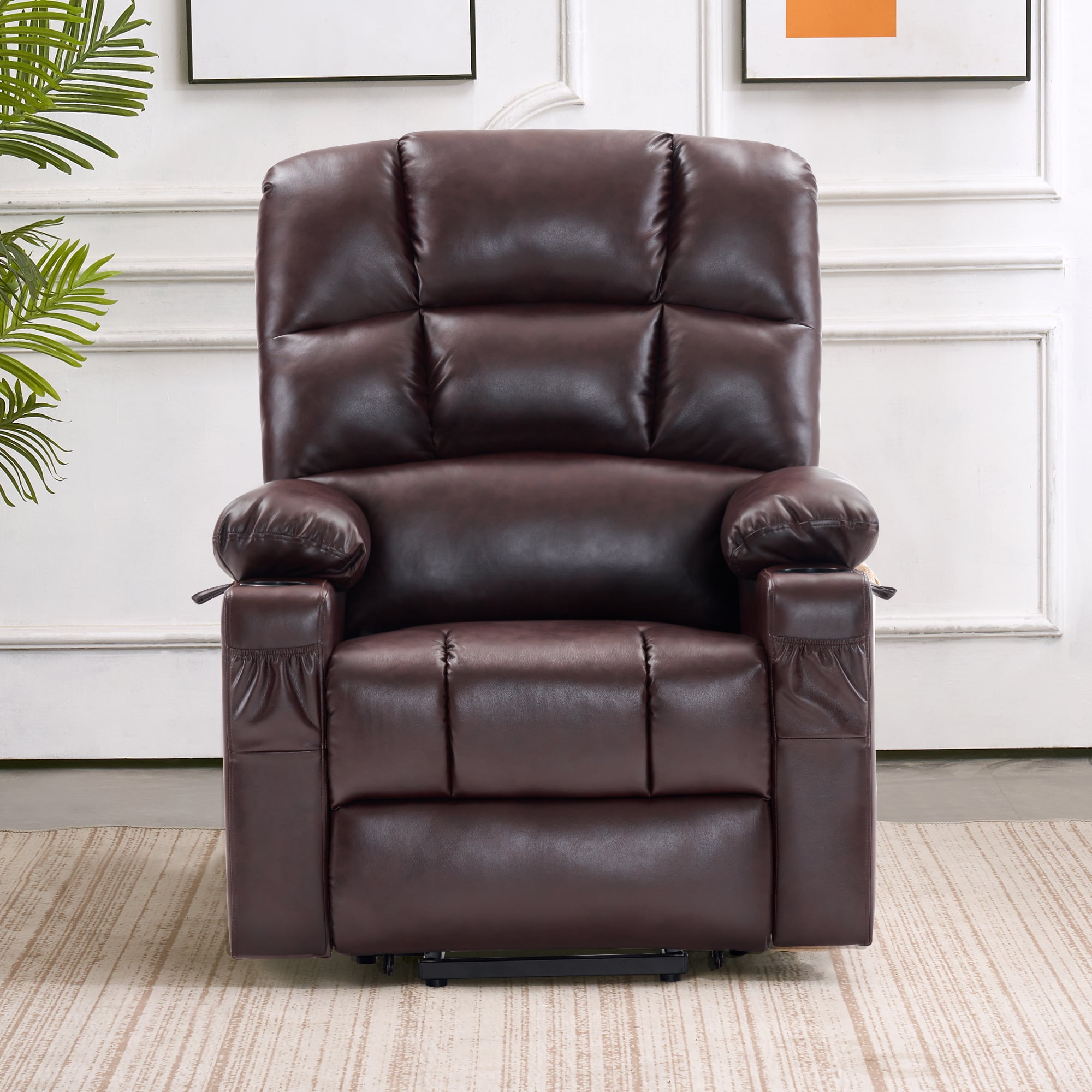 MCombo Dual Motor Large Power Lift Recliner Chair with Massage and Heat for Elderly Big and Tall People, Infinite Position, Extended Footrest, Faux Leather 7680 (Dark Brown, Large)