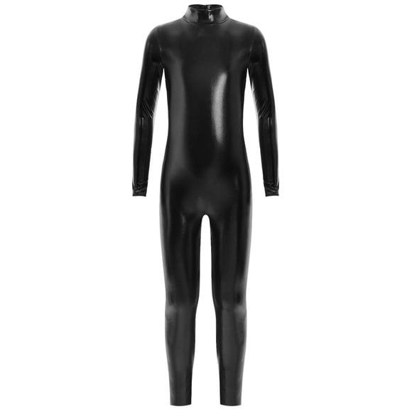 Venjoe Kids Boys Girls Shiny Metallic Long Sleeve Ballet Dance Unitard One Piece Jumpsuit Full Length Leotard Black S/120