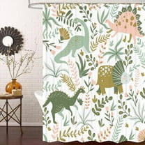 Kids Shower Curtains,Funny Dinosaur Shower Curtains, Cute Dinosaur for Boys Girls, Green Plant Leaf Flowers Colorful Bathroom Decor with Hooks Waterproof Fabric Polyester Bathtub Decorative