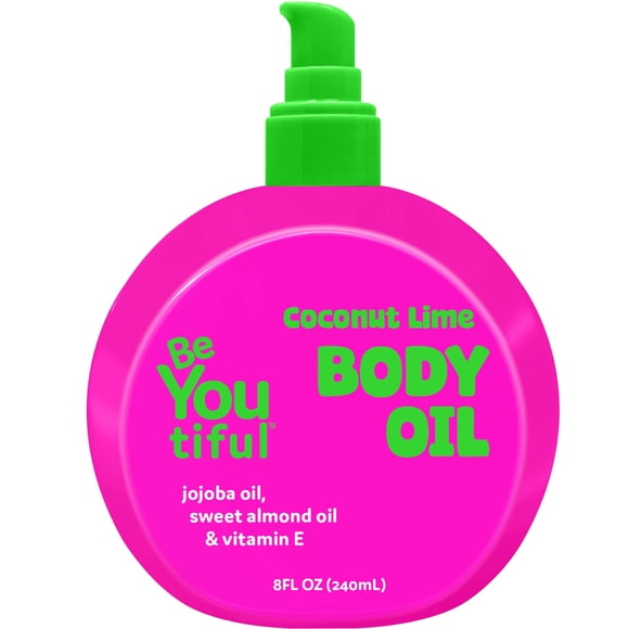 BeYoutiful Aceite corporal de lima y coco para niños y adolescentes Aceite hidratante brillante para humectar todo el día con jojoba y almendra dulce Piel suave y tersa 8 oz