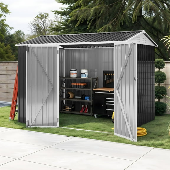 Uforic 8x6ft Outdoor Storage Shed with Windows & Secure Lockable Doors and Sloped Roof Large Steel Shed for Patio, Garage, Lawn