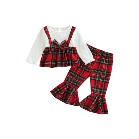 

Peyakidsaa Toddler Baby Girl Xmas Plaid Long Sleeve Bow Dress Top Bell Bottom Pants Set