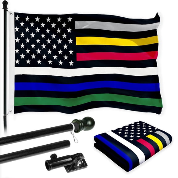 G128 Combo Pack: 6 Ft Tangle Free Spinning Flagpole (Black) & Thin Line Civil Services Flag 3x5 Ft Printed 150D Polyester, Brass Grommets (Flag Included) Aluminum Flag Pole