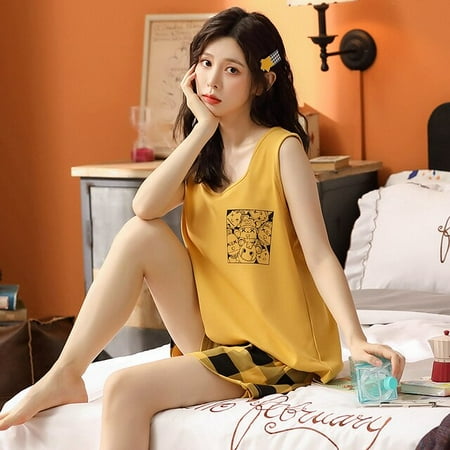 

QWZNDZGR Summer Pyjamas Women Leisure Shorts Plus Size Pajamas Pullover Home Clothes Suit Sleepwear Cotton Sleep Tops Vest Sexy Pijama