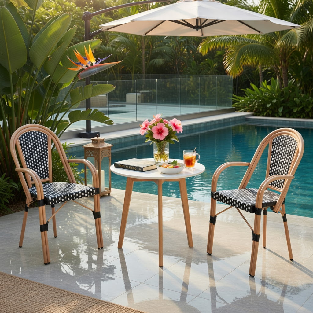 Hommoo 2-Pack Hand-Woven PE Rattan Outdoor Bistro Chairs, French-Style Patio Chairs with Galvanized Steel Frame, Black & White