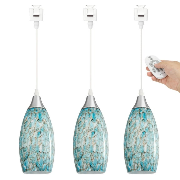 Kiven 3-Light J-Type track lighting pendants Dimmable,Modern J track pendant lights with Green Art Glass Lampsade,Decorative Track Lighting Fixture