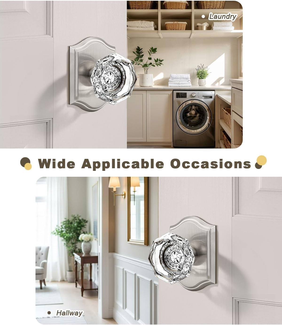 --2 Pack Clear Crystal Door Knobs,Diamond Glass Passage Door Handle Knob for Closet Hallway,Antique Keyless Interior Door Locks with Satin Nickel Rosette