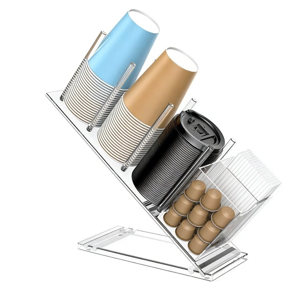 Acrylic Coffee Pod Holder Organizer, Clear Countertop Cup & Lid Storage Rack with 4 Compartments, Slanted Capsule Holder for K Cups, Cups, Lids, Straws, Space Saving Coffee Bar Organizer