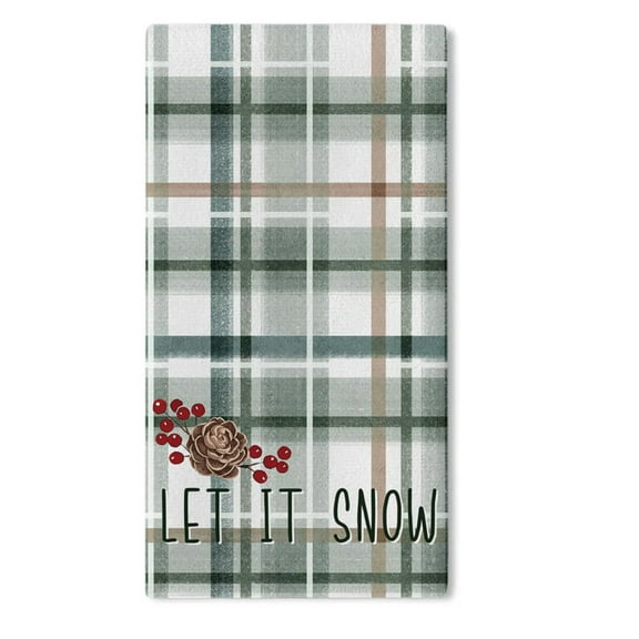 Hello Winter Green Kitchen Dish Towels Set of 1, Let It Snow Pine Cone Pine Needle Red Berry Drying Towels Baking Cooking Cloth, Christmas Farmhouse Plaid Check Home Kitchen Decoration 18 x 26 Inch
