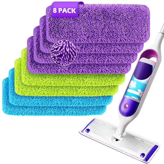 ZenClean Reusable Chenille Mop Pads 8 Pack Compatible with SwifferPower Mop for Wet & Dry Floor Cleaning (3 Colors)