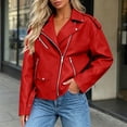 thumbnail image 2 of Sevevn Women's Faux Leather Jacket Lapel Zip Long Sleeve Oversized Coat with Belt Red S, 2 of 5